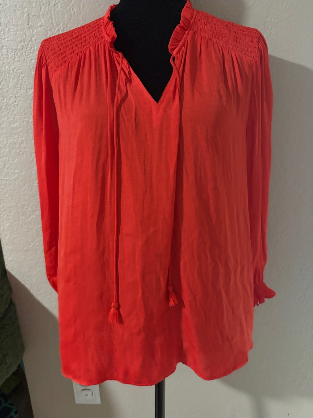 Boho Tie-Neck Peasant Blouse - Red